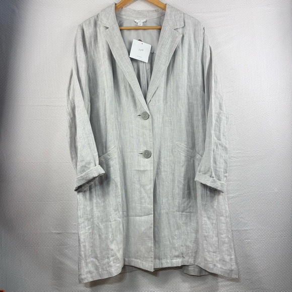 J. JILL 100% Linen Gray & White Stripe Blazer Jacket Trench Coat Size Large - Picture 1 of 7